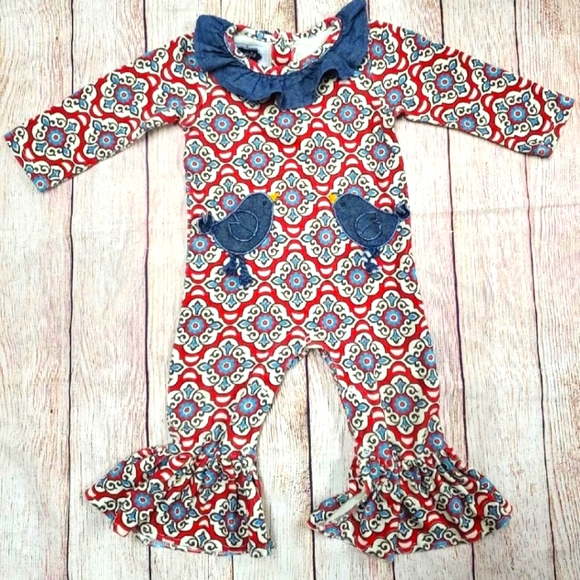 Mud Pie Romper Denim Collar and Applique GUC Size 9-12 Months - Picture 1 of 3
